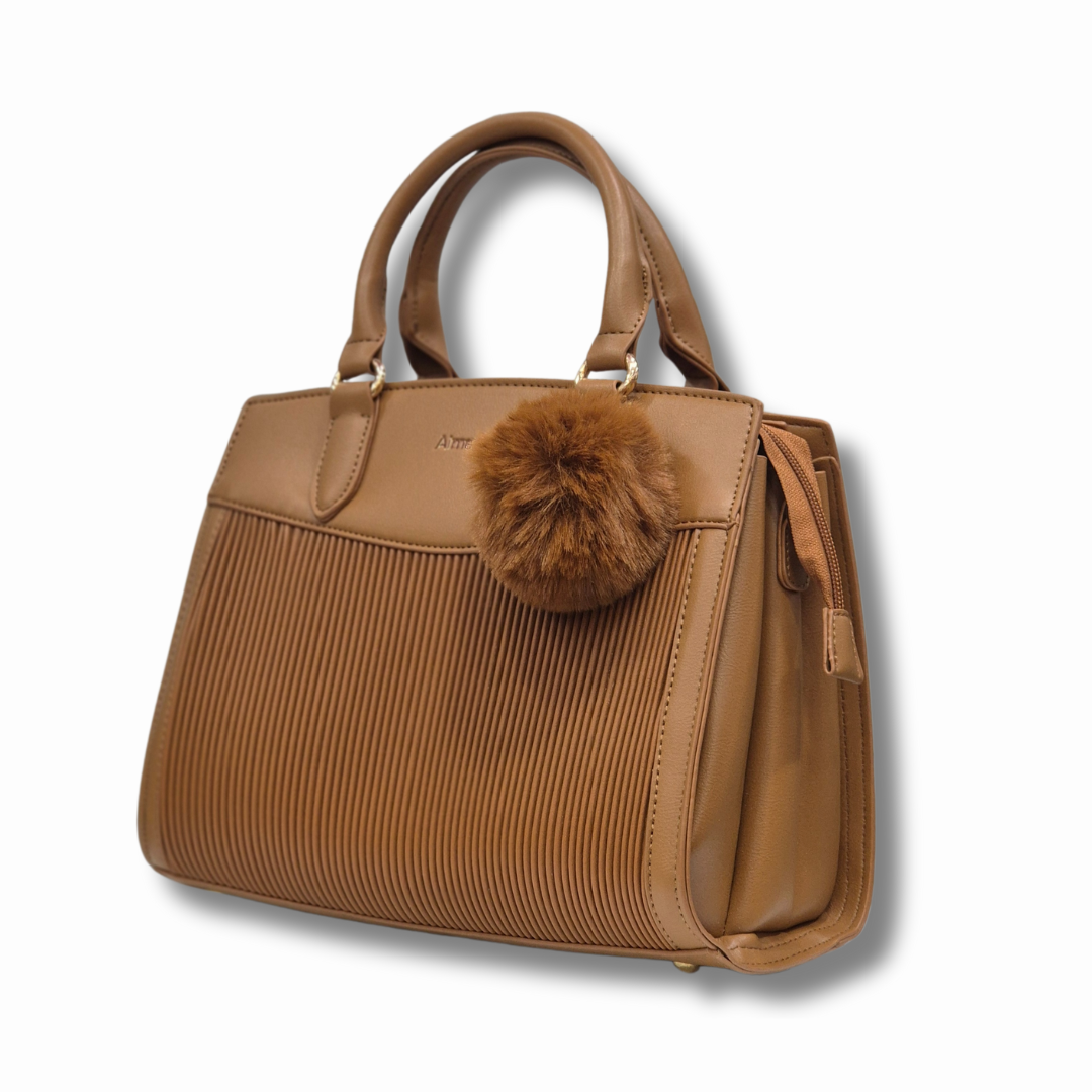 Almeely Large brown women hand bag with plushball